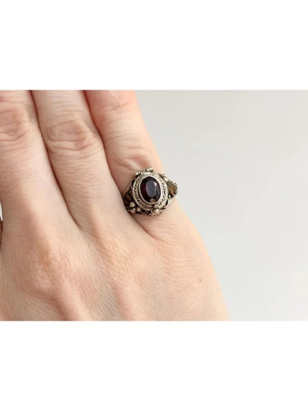 Poison Box Art Deco Style Hinged Garnet Sterling Silver 925 Vintage Ring sz 5.25